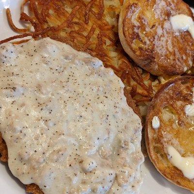 Chicken Fried Steak & Crispy Hash browns - best breakfast in the PNW!