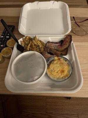 2 TWO MEAT DINNER: brisket, pulled chicken, Mac and cheese and fried okra