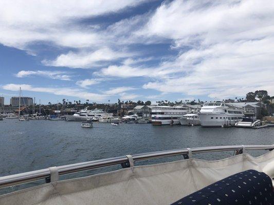 Up on the bridge, looking out the stern. In the slip/ docked.