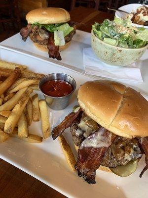 Chicken sandwich with Caesar salad and Burger