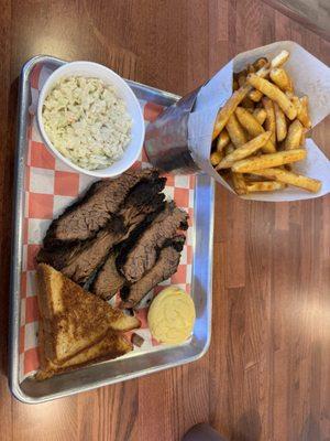 Brisket, fries, slaw, cornbread, toast