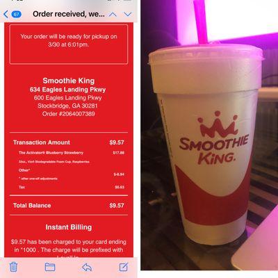 Copy of my receipt vs. the 20 oz smoothie given.