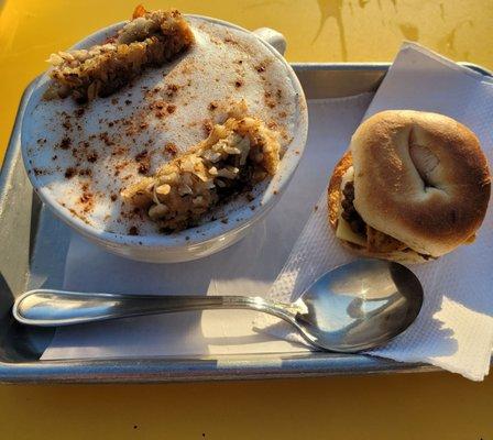 Baked oatmeal and vegan mini bagel sandwich