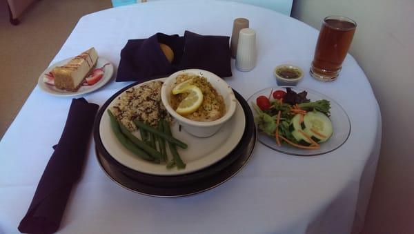 Storks Dinner - Baked Scrod, Couscous, Green Bean, Salad, and Strawberry Cheesecake