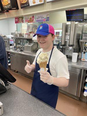 Triple scoop chocolate chip with a waffle cone!