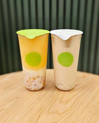 Coconut Mango Pomelo and Peach Milk Tea with lychee jelly