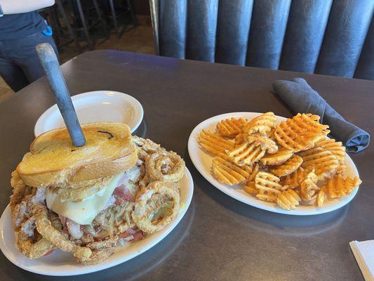 Burger and waffle fries.