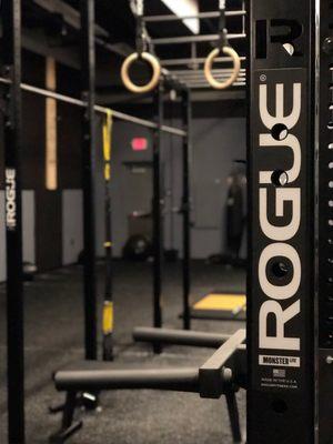 Rogue dip bars, olympic rings, and peg board