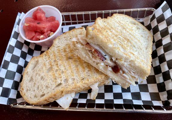 Bird w/Bacon sandwich & fruit side. swapped the guac smear w/house aioli. Never tasted any aioli. Seedless watermelon would make more sense.