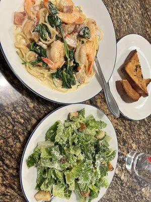 Shrimp Carbonara, Caesar, Sprite