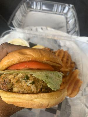 Crab Cake Sandwich with Waffle Fries