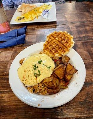 Jambalaya Benedict and roasted breakfast potatoes.