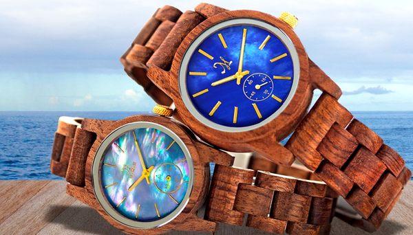 Koa watches with blue mother-of-pearl faces