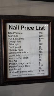 Nail prices. If you have existing polish, expect to pay to soak it off.