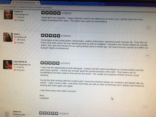 Real reviews on Yelp that have been filtered into a not recommend area because we won't pay for advertising!!