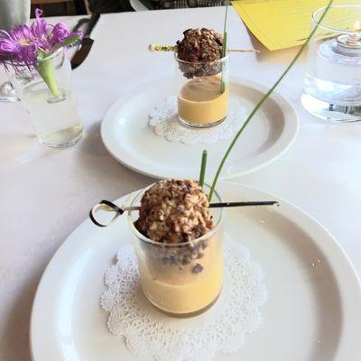 AMUSE BOUCHE CHILLED HEIRLOOM TOMATO SOUP SHOOTER
 Cucumber, basil & crème fraiche, pimento cheese-pecan "bonbon," chives.