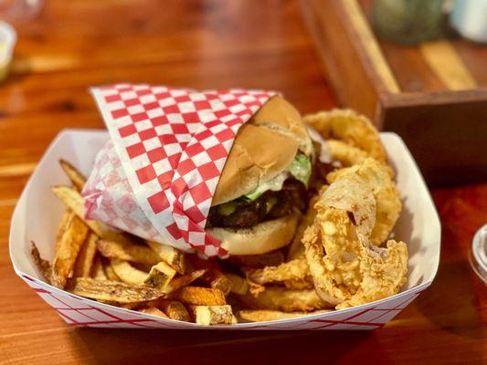 Burger, onion rings and fries