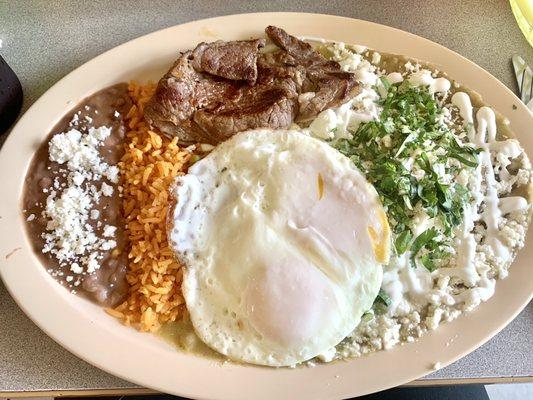 Steak chilaquiles with over easy eggs