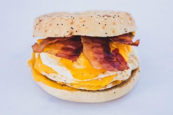 Bacon, egg, and cheese on an everything bagel.