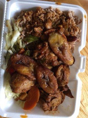 Medium brown stew chicken ($7.50) w/ fried plantains and cabbage