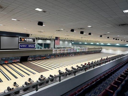 Second level view of the lanes with additional seating