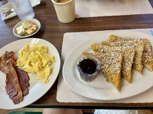 Hart and Soul Crusty French Toast with scrambled eggs and bacon