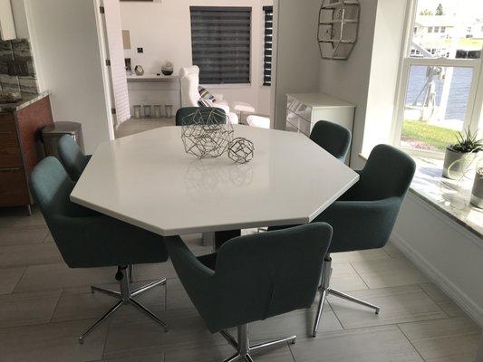 Beautiful white quartz table Grand Sicilian designed & fabricated for us.  Perfecto!