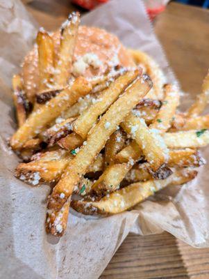 FB Fries. $5.50. Regular fries with garlic, herbs, and Parmesan. Damn good.