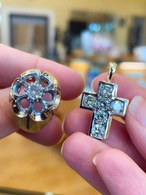 Custom 3-dimensional cross made from customer's old diamond ring.