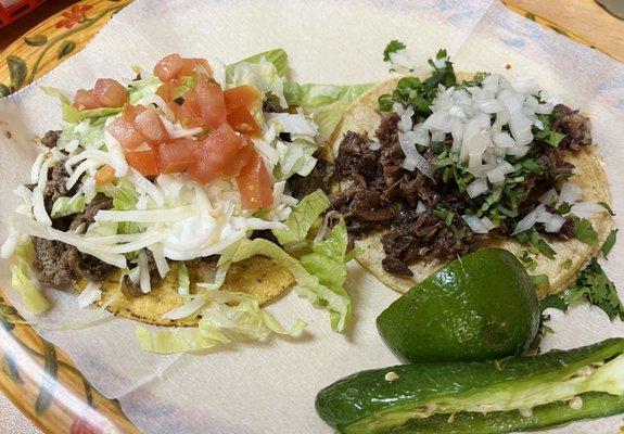 Steak tostada and Barbacoa taco. Delish!