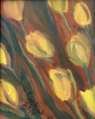 Yellow Tulips 10"x 8" acrylic painting on canvas. Framed in classic black wood and ready to display.