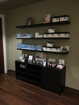 Retail wall. Bioelements and PCA products are sold as well as some clearance items.