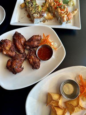 Thai Chicken Wings, Sweet Dragon Sushi Roll, Crab Wonton, Victoria Secret Sushi Roll