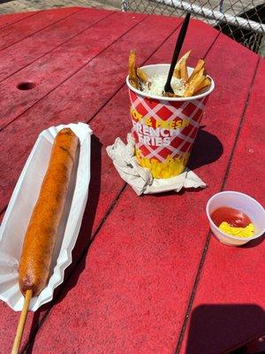 Foot long corn dog and disco fries.