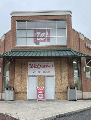 Temporary entrance while the new glass doors are installed. I wonder what happened