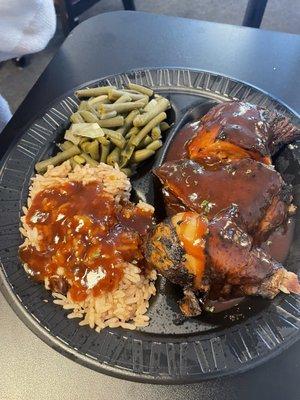 Jerk chicken, beans and rice, string beans