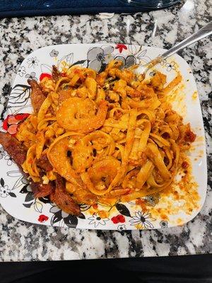 Brought the pasta home and look at it!  Mouth watering & look at the size of them shrimp not no canned shrimp