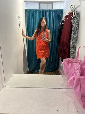 Trying on Cynthia Rowley appliqué dress