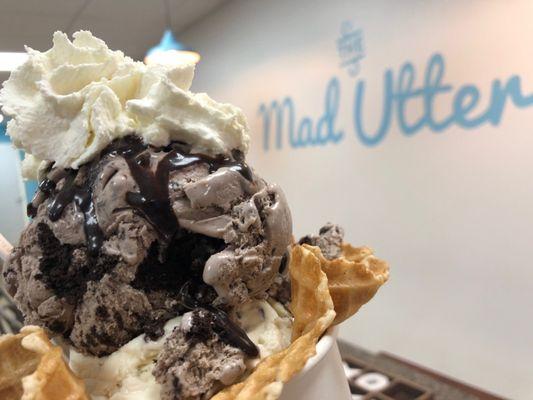 Oreo Truffle and cookie dough in a home made made waffle bowl with the in house hot fudgeeeee