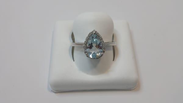 Variety of semi precious jewelry available such as this Pear Shape Aquamarine Ring.