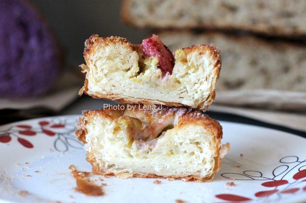 Inside of Strawberry with Vanilla Cream Kouign Amann - really tasty! On the denser and moister side.