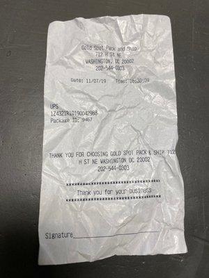 Receipt showing we dropped off package.