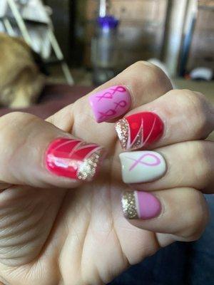 My most recent nail style... Breast cancer awareness. Not my design, borrowed from Breast Cancer Awareness Facebook.