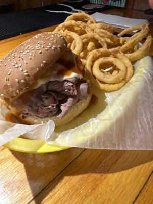 North Shore three-way roast beef with onion rings