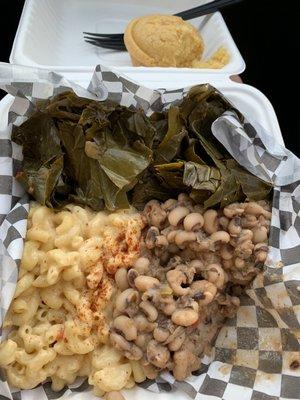 Veggie Plate: Mac and Cheese, Collard Greens, Black Eyed Peas