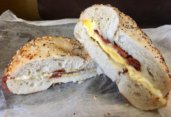 Bacon egg and cheese on everything bagel