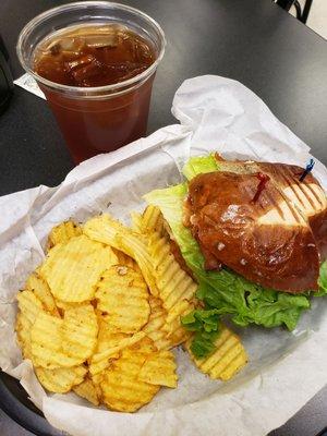 Lunch with dad again today.     Chicken club on a pretzel roll.   Who doesnt love a pretzel roll