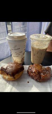 Bavarian Cream Donut and Apple Fritter with flavored tiramisu hot coffee and toasted marshmallow iced coffee