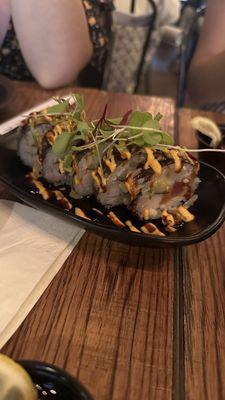 Fired Fried Tiger Roll - tuna salmon avocado kani spicy sauce and eel sauce