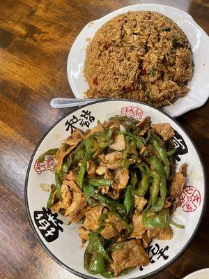 Pork with peppers, street fried rice